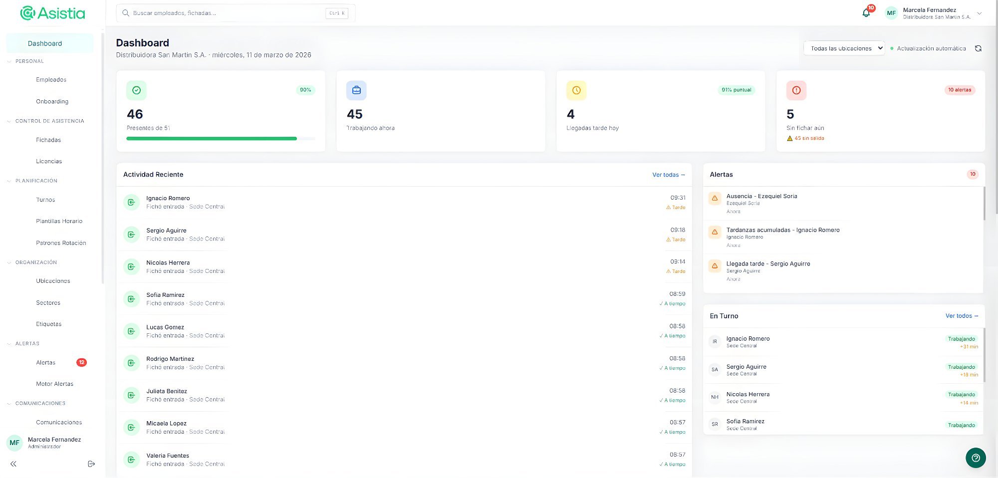 Painel de controle do Asistia.tech mostrando relatórios de presença em tempo real com registro por WhatsApp